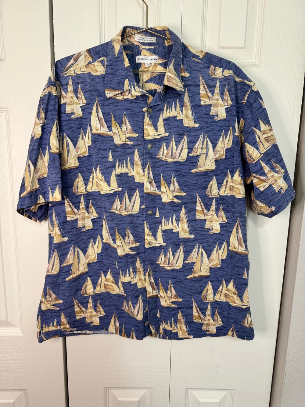 Pierre Cardin Blue Nautical Sailboat Short Sleeve Button-Up Shirt